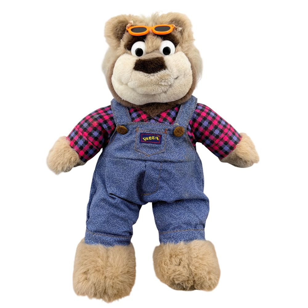 Vintage Bubba the Bear Plush Denim Overalls Checkered Shirt Orange Sunglasses